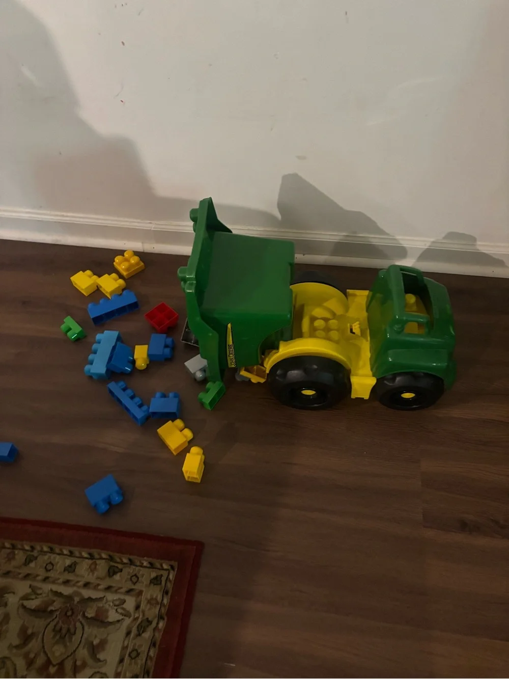 John Deere Green Dump Truck Toy with Blue, Yellow, Red Blocks